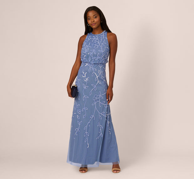 Aidan Mattox Sleeveless Blouson Mermaid Gown With Jasmine Beading In French Blue