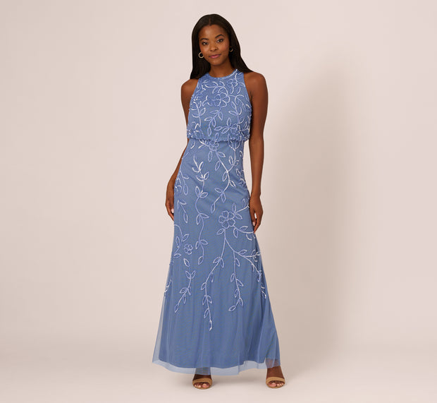 Aidan Mattox Sleeveless Blouson Mermaid Gown With Jasmine Beading In French Blue