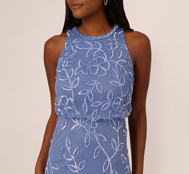 Aidan Mattox Sleeveless Blouson Mermaid Gown With Jasmine Beading In French Blue