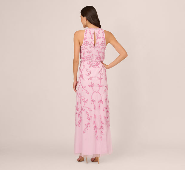 Aidan Mattox Sleeveless Blouson Mermaid Gown With Jasmine Beading In Pink Lace