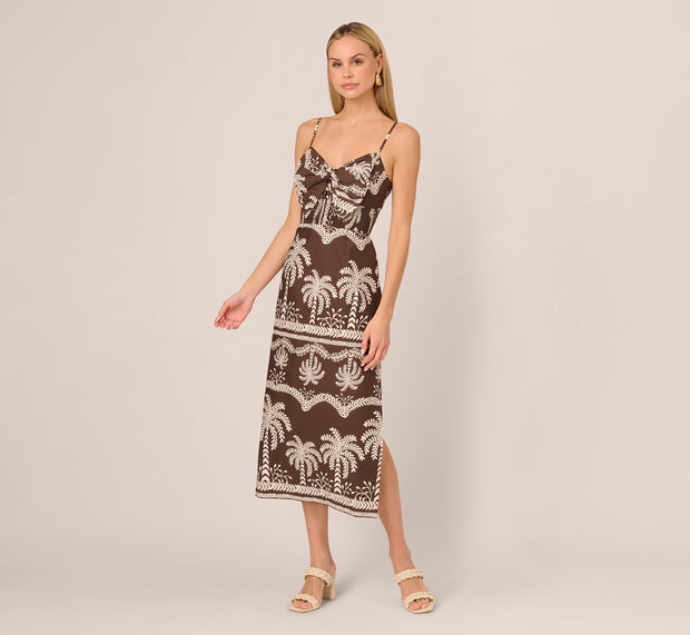 Aidan Mattox Sleeveless Bow Front Palm Tree Sundress In Brown Ivory