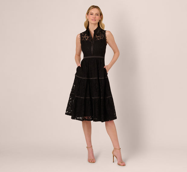 Aidan Mattox Sleeveless Collared Lace Fit And Flare Dress In Black