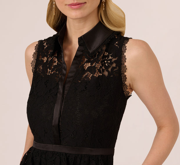 Aidan Mattox Sleeveless Collared Lace Fit And Flare Dress In Black
