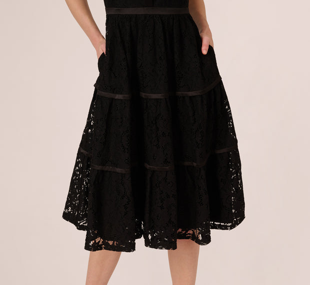 Aidan Mattox Sleeveless Collared Lace Fit And Flare Dress In Black