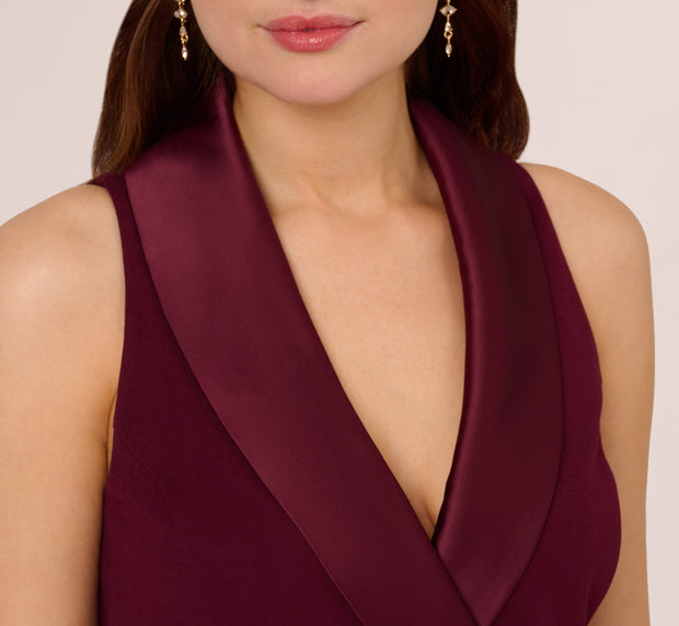 Aidan Mattox Sleeveless Crepe Tuxedo Dress With Charmeuse Accents In Cabernet