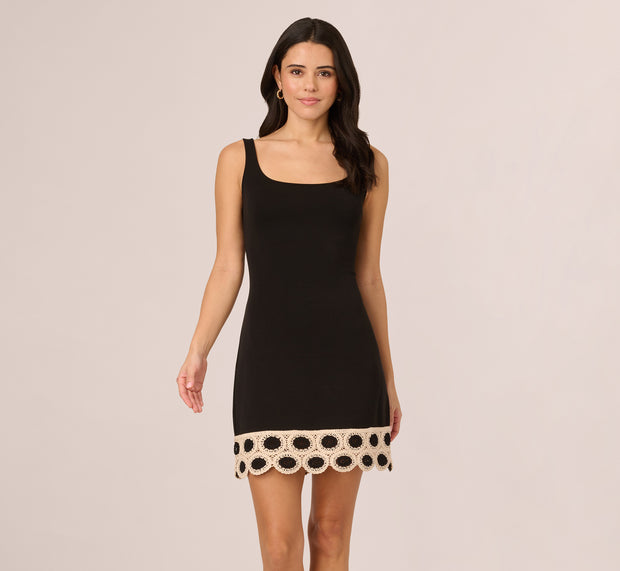 Aidan Mattox Sleeveless Crochet Hem Mini Dress In Black Ecru