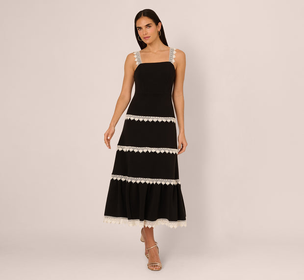 Aidan Mattox Sleeveless Crochet Lace A Line Midi Dress In Black Ecru