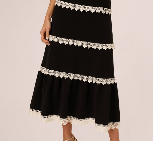 Aidan Mattox Sleeveless Crochet Lace A Line Midi Dress In Black Ecru