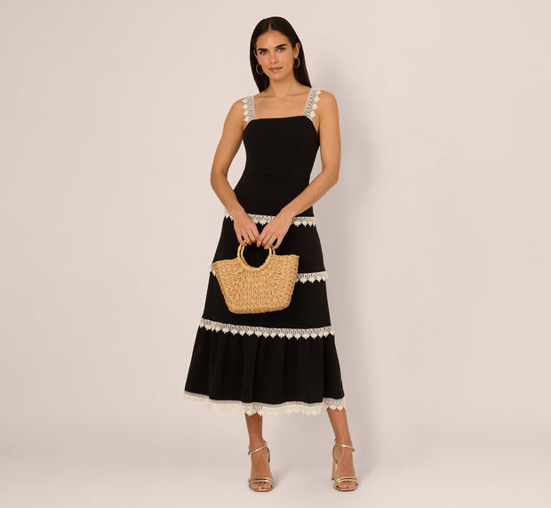 aidan mattox Sleeveless Crochet Lace A Line Midi Dress In Black Ecru