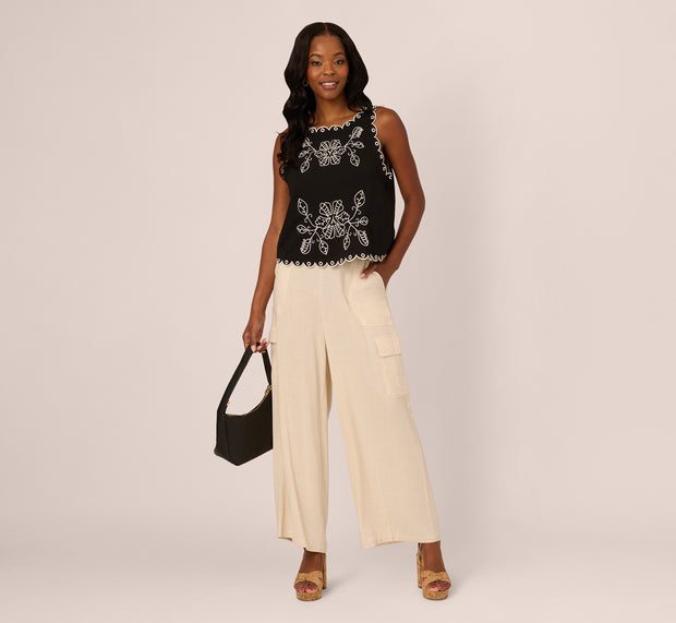 Aidan Mattox Sleeveless Cropped Floral Embroidered Top In Black Ivory
