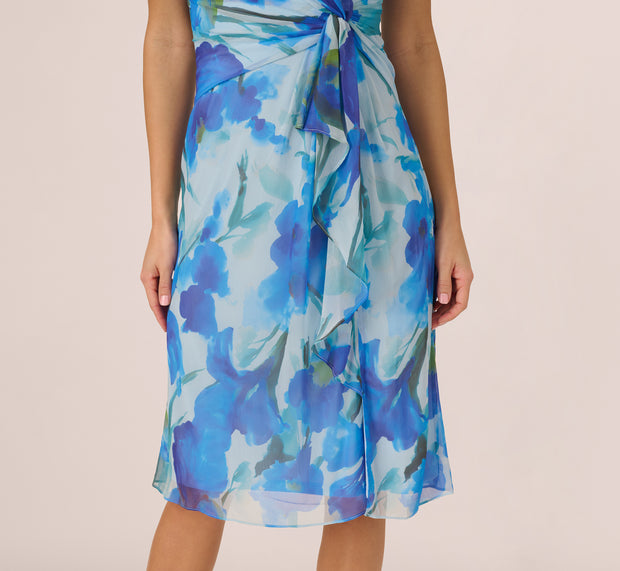Aidan Mattox Sleeveless Draped Floral Chiffon Midi Sheath Dress In Blue Multi