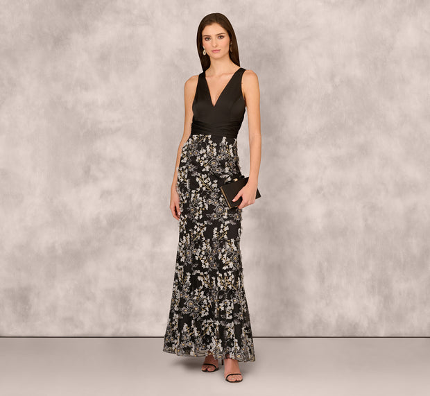 aidan mattox Sleeveless Embroidered A Line Gown In Grey Multi