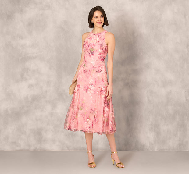 aidan mattox Sleeveless Embroidered Side Flounce Midi Dress In Pink Multi