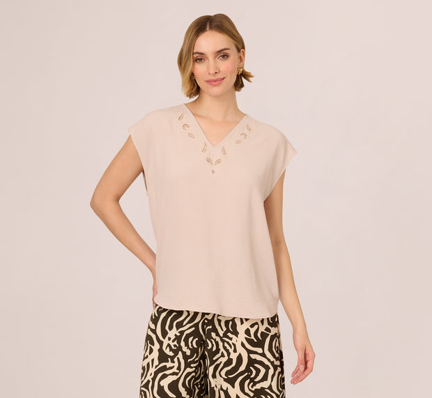 Aidan Mattox Sleeveless Embroidered V Neck Top In Pebble