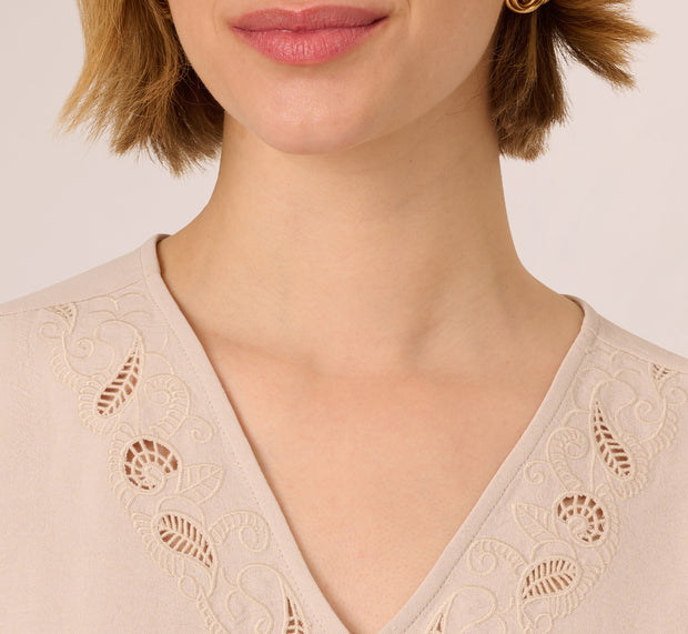 Aidan Mattox Sleeveless Embroidered V Neck Top In Pebble