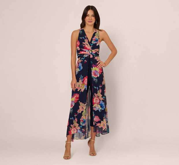 Aidan Mattox Sleeveless Floral Chiffon Overlay Jumpsuit In Navy Multi