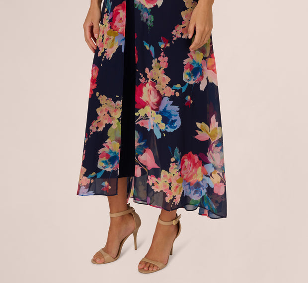 Aidan Mattox Sleeveless Floral Chiffon Overlay Jumpsuit In Navy Multi