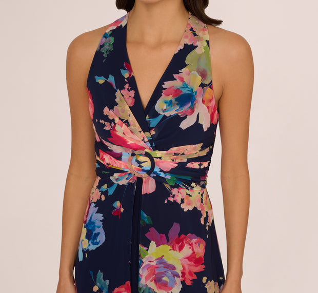 Aidan Mattox Sleeveless Floral Chiffon Overlay Jumpsuit In Navy Multi