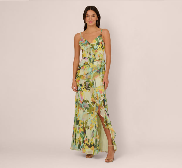 Aidan Mattox Sleeveless Floral Chiffon Ruffle Cascade Gown In Green Multi