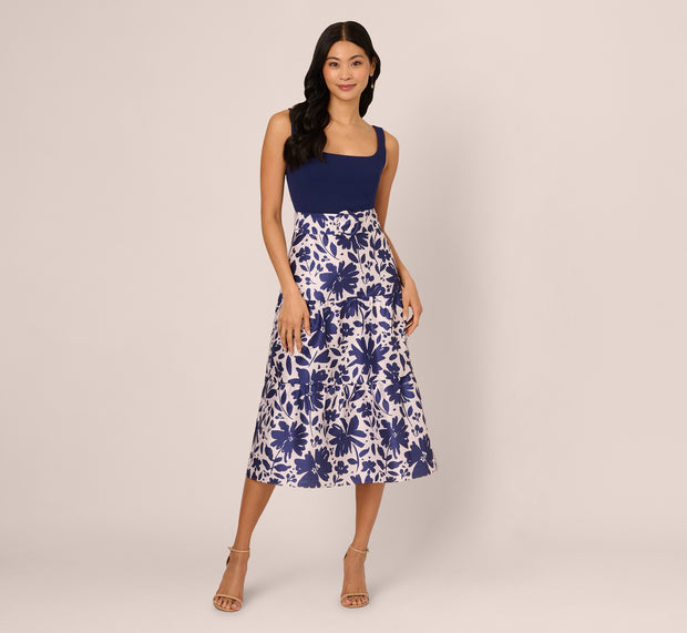 Aidan Mattox Sleeveless Floral Combo Flounce Dress In Navy Ivory