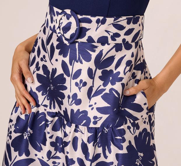 Aidan Mattox Sleeveless Floral Combo Flounce Dress In Navy Ivory