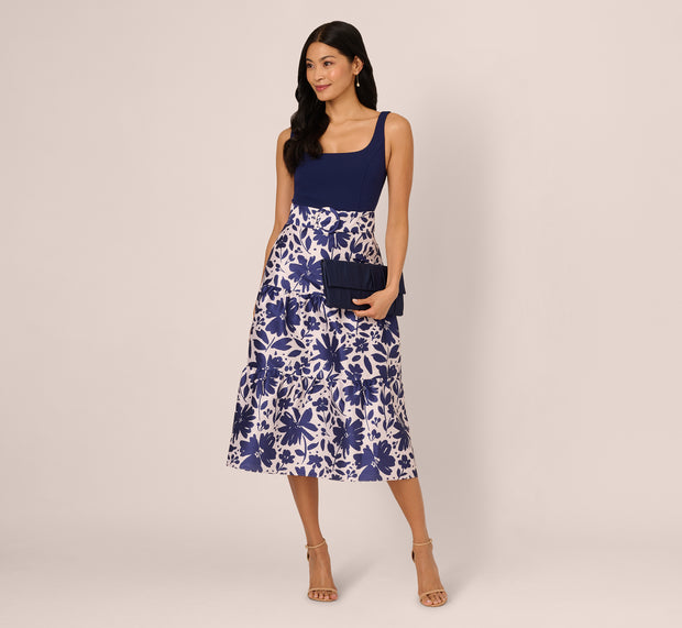 aidan mattox Sleeveless Floral Combo Flounce Dress In Navy Ivory