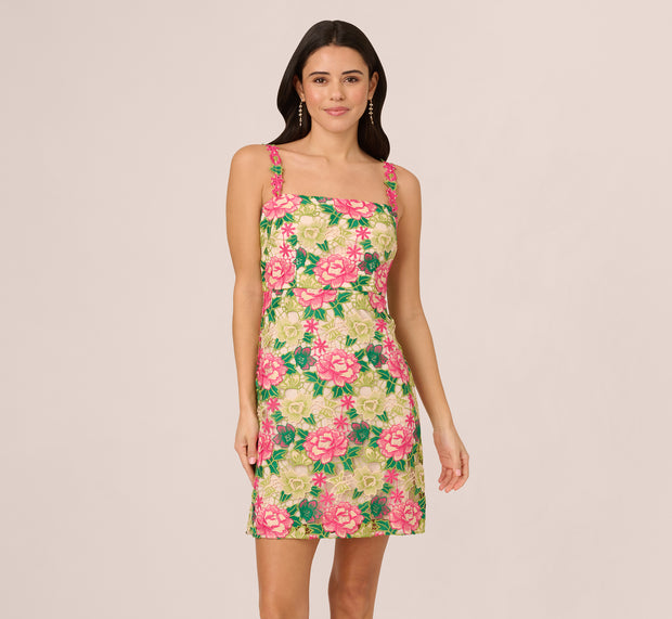 Aidan Mattox Sleeveless Floral Embroidery Short Sheath Dress In Pink Green Multi