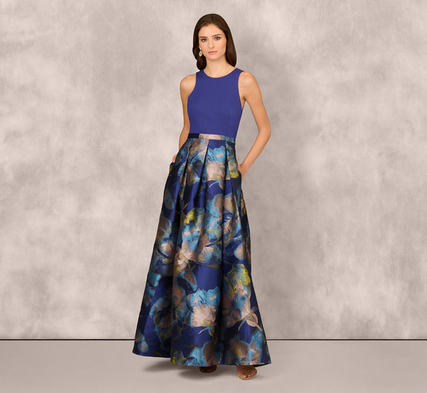 Aidan Mattox Sleeveless Floral Jacquard Combo Ballgown In Blue Yellow Multi