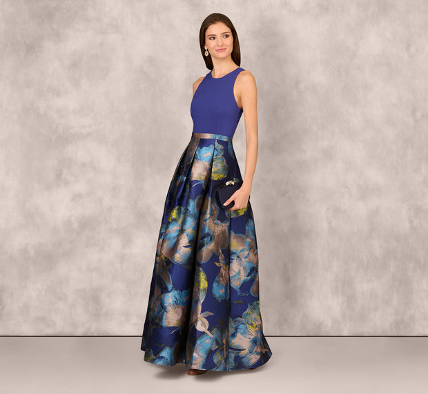 aidan mattox Sleeveless Floral Jacquard Combo Ballgown In Blue Yellow Multi