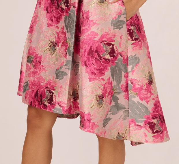 Aidan Mattox Sleeveless Floral Jacquard Fit And Flare High Low Dress In Pink Multi