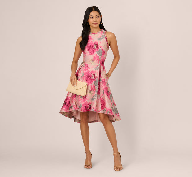 aidan mattox Sleeveless Floral Jacquard Fit And Flare High Low Dress In Pink Multi