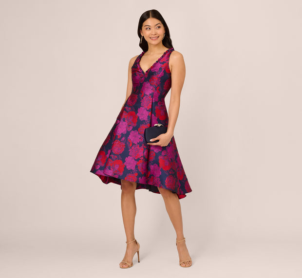 Aidan Mattox Sleeveless Floral Jacquard Midi Dress With High Low Skirt In Navy Mult