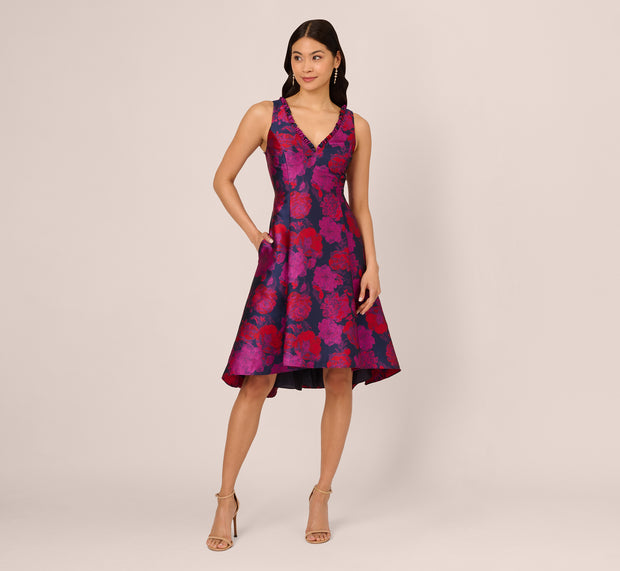 Aidan Mattox Sleeveless Floral Jacquard Midi Dress With High Low Skirt In Navy Mult