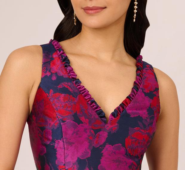 Aidan Mattox Sleeveless Floral Jacquard Midi Dress With High Low Skirt In Navy Mult