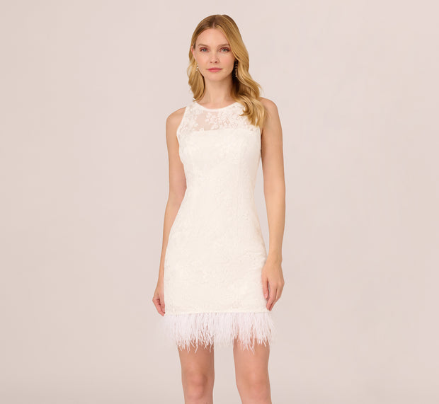 Aidan Mattox Sleeveless Floral Lace Dress With Feather Trim In Ivory