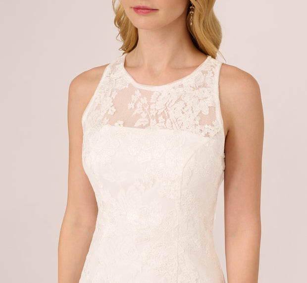 Aidan Mattox Sleeveless Floral Lace Dress With Feather Trim In Ivory