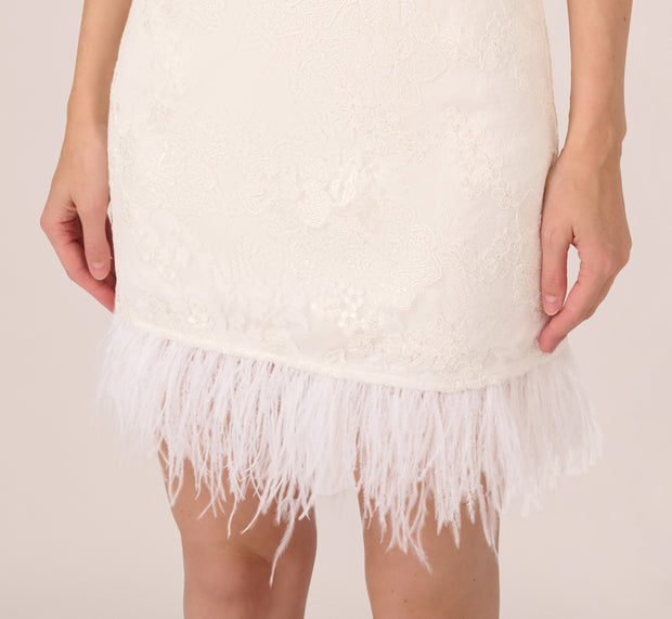 Aidan Mattox Sleeveless Floral Lace Dress With Feather Trim In Ivory
