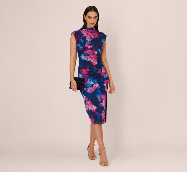Aidan Mattox Sleeveless Floral Mesh Draped Midi Dress In Navy Pink Multi