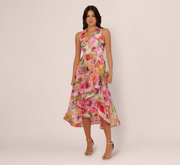 Aidan Mattox Sleeveless Floral Organza Collared High Low Dress In Pink Multi
