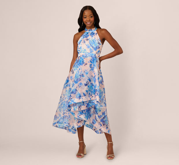 Aidan Mattox Sleeveless Floral Organza High Low Dress In Blush Blue Multi