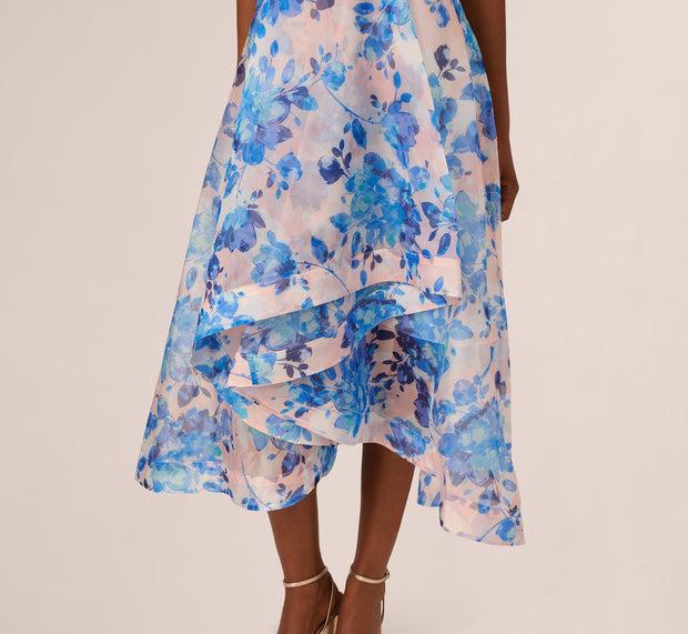 Aidan Mattox Sleeveless Floral Organza High Low Dress In Blush Blue Multi