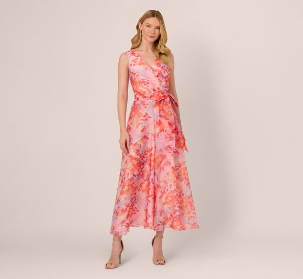 Aidan Mattox Sleeveless Floral Organza Wide Leg Jumpsuit In Peri Coral Multi