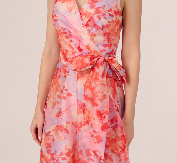 Aidan Mattox Sleeveless Floral Organza Wide Leg Jumpsuit In Peri Coral Multi