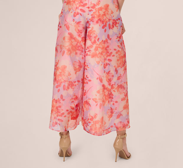 Aidan Mattox Sleeveless Floral Organza Wide Leg Jumpsuit In Peri Coral Multi