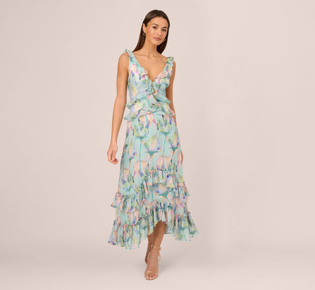 Aidan Mattox Sleeveless Floral Print High Low Maxi Dress With Ruffle Trim In Mint M