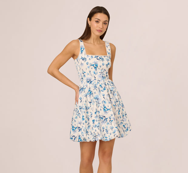 Aidan Mattox Sleeveless Floral Short Balloon Skirt Dress In Ivory Blue Multi