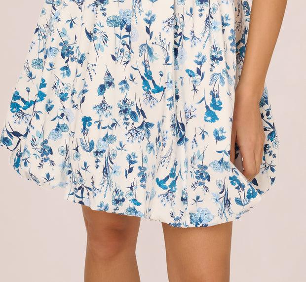 Aidan Mattox Sleeveless Floral Short Balloon Skirt Dress In Ivory Blue Multi