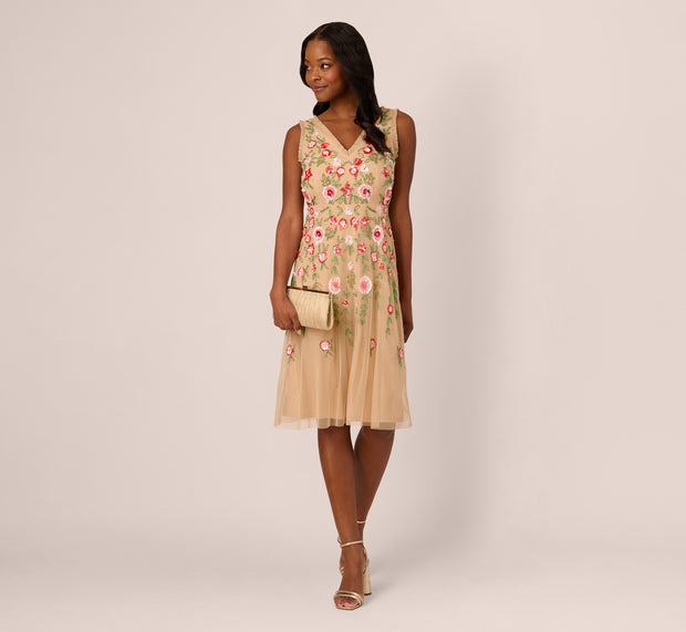 aidan mattox Sleeveless Fringe Trim Floral Bead Midi Dress In Nude Multi