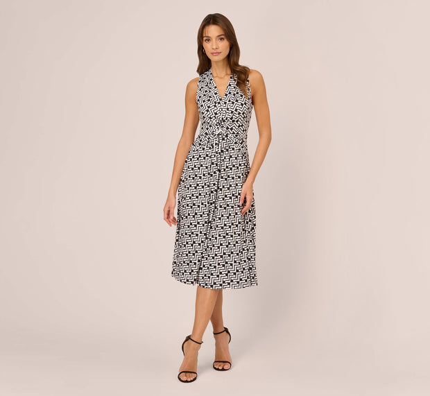 Aidan Mattox Sleeveless Geo Print Midi Dress With Knotted Detail In Black White
