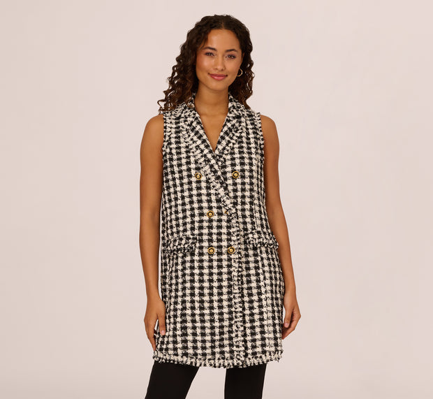 Aidan Mattox Sleeveless Houndstooth Duster Vest With Raw Edges In Black Ivory Boucl